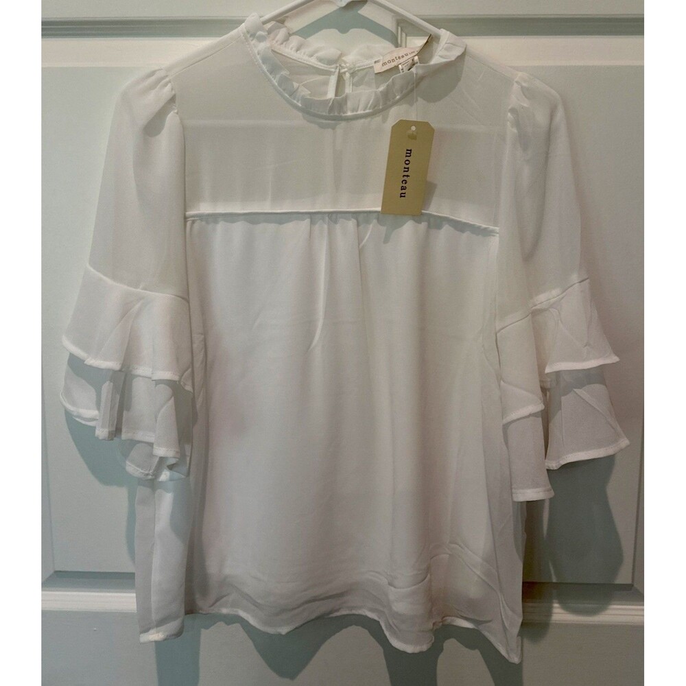 Monteau Los Angeles White 3/4 Sleeve Ruffle Blouse Keyhole Neckline Size Small